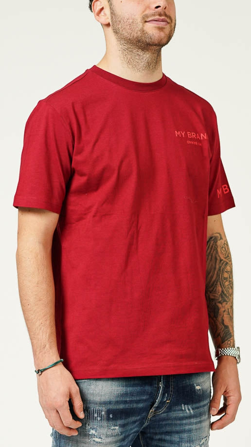 MY BRAND LOGO UPSIDE DOWN CHEST BURGUNDY T-SHIRT | CAMEL