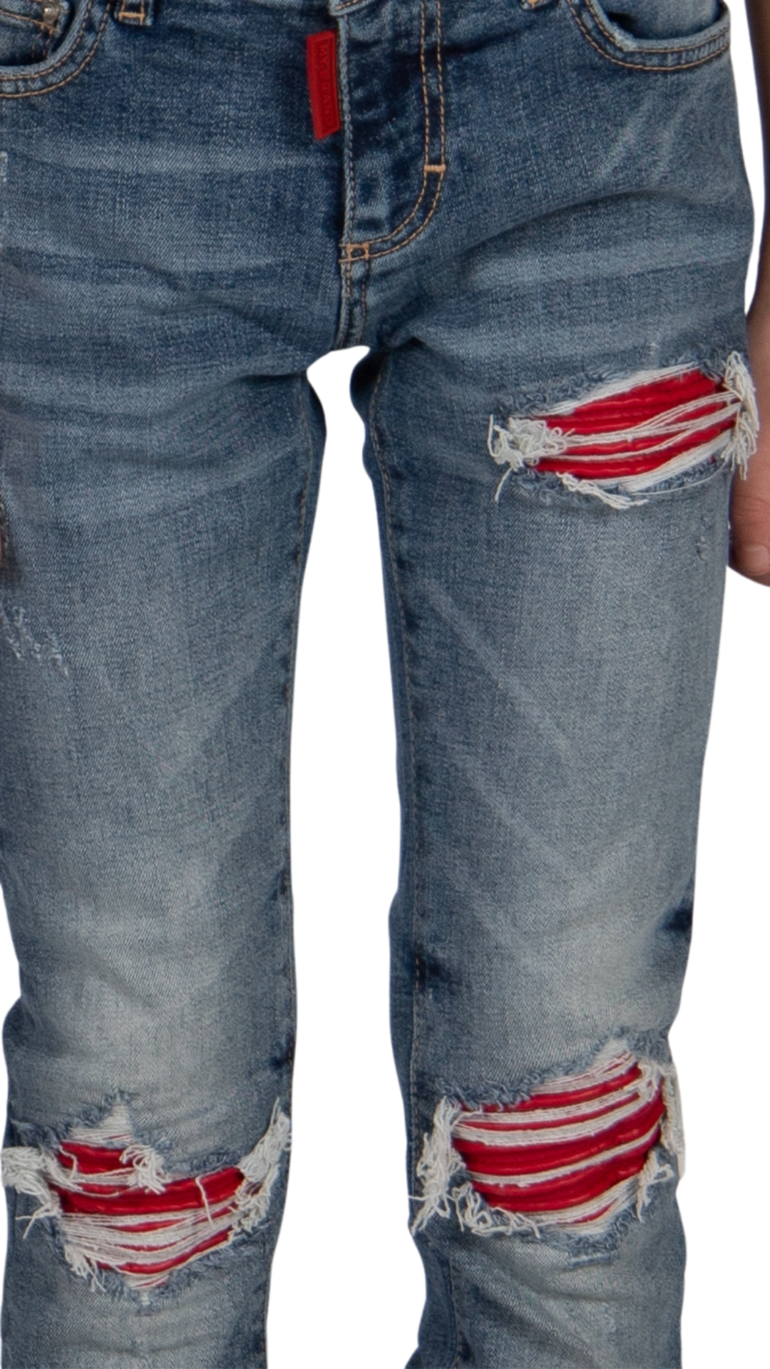 RED RIPPED BIKER JEANS KIDS | DENIM