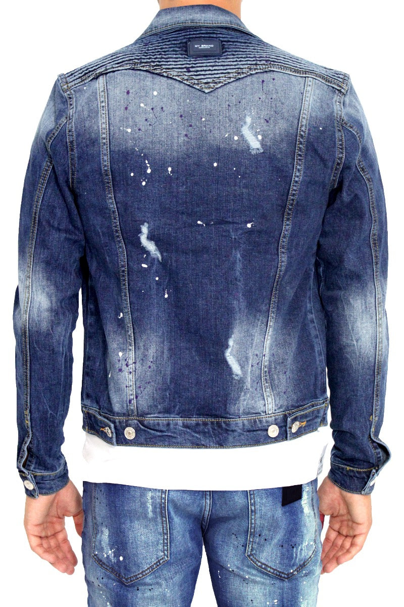 BIKER DENIM RIBBED JACKET | DENIM