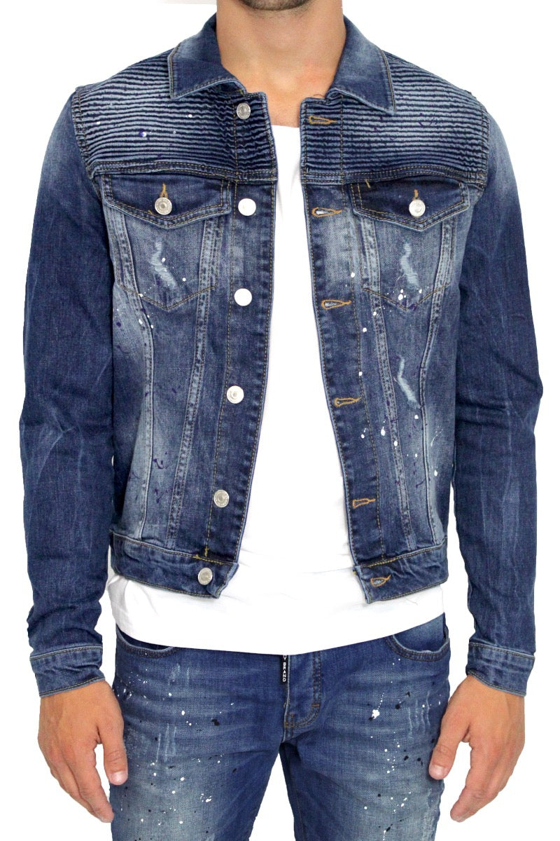 BIKER DENIM RIBBED JACKET | DENIM